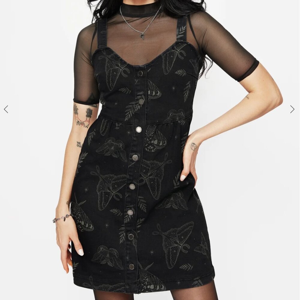 Callopistria Moth Print Denim Mini Apron Dress